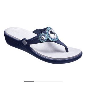 Crocs Sanrah Embellished Diamanté Dual Comfort Wedge Sandal, Navy/Silver, Size 6